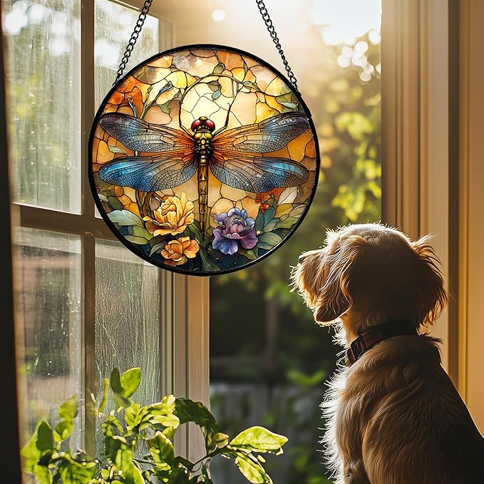 Stained Glass Window Hanging - Orange Blue Dragonfly Flower Suncatcher for Doors Window Home Sun Catchers Decor Christmas Mother's Day Birthday Outdoor Gifts for Women Men Mom Nana 9.8 in