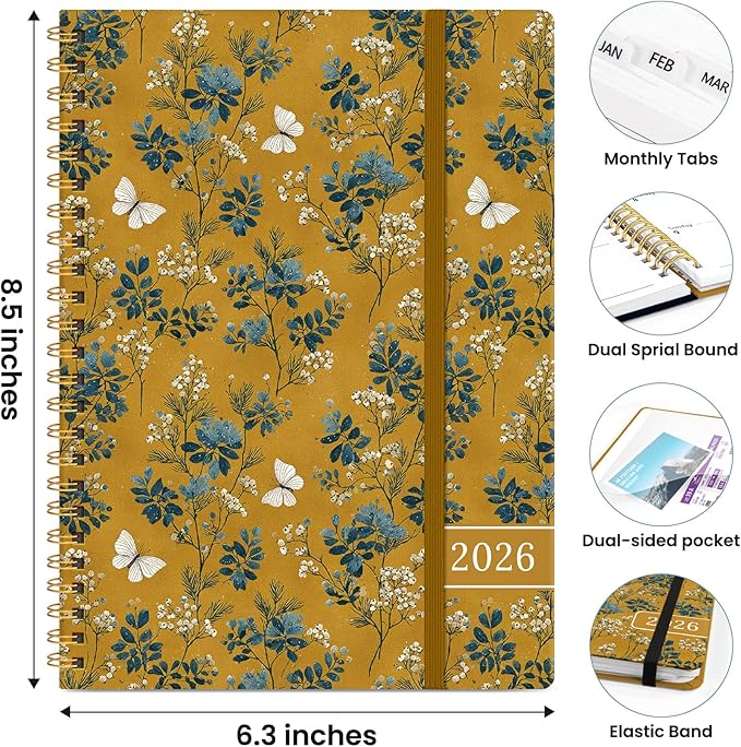 2026 Planner, Weekly and Monthly Planner for Women, Jan 2026 - Dec 2026 Pretty 2026 Calendar Planner with Monthly Tabs, Inner Pocket, Spiral Binding, Perfect for Office Home School - 6.3" x 8.5", Golden Grove