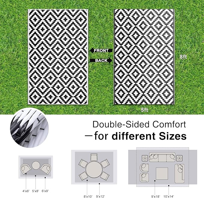 OLANLY Waterproof Outdoor Rug 5x8 ft, Outdoor Plastic Straw Rug for Camping, RV Mat Outside, Indoor Outdoor Carpet for Porch, Deck, Backyard, Balcony, Picnic, Black & White