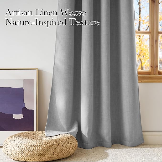 NICETOWN Light Grey Faux Linen Room Darkening Rod Pocket Curtains 63 inch Length