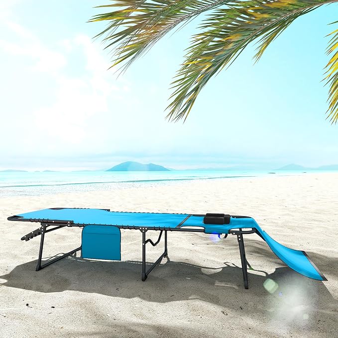 Outsunny Folding Chaise Lounge with 5-Level Reclining Back, Tanning Chair with Face Hole, Outdoor Lounge Chair with Side Pocket & Headrest for Beach, Yard, Patio, Blue