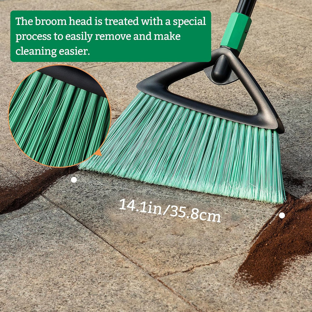 Eyliden Broom, Angle Broom with 57" Long Handle | Fit Heavy-Duty Cleaning, Also Works Well Fine Dust | Commercial Outdoor Indoor Sweeper for Courtyard Sidewalk Deck Kitchen Lobby Garage, Green