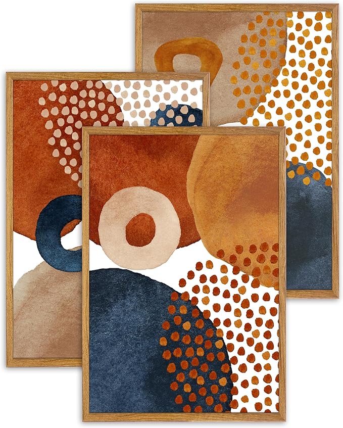 UPWOIGH Large Framed Canvas Wall Art, Set of 3 Watercolor Decor in Navy Blue, Terracotta, Burnt Orange, Beige, 16x24in Minimalist Natural Cotton Posters, Boho Modern Aesthetic for Living Room, Bedroom