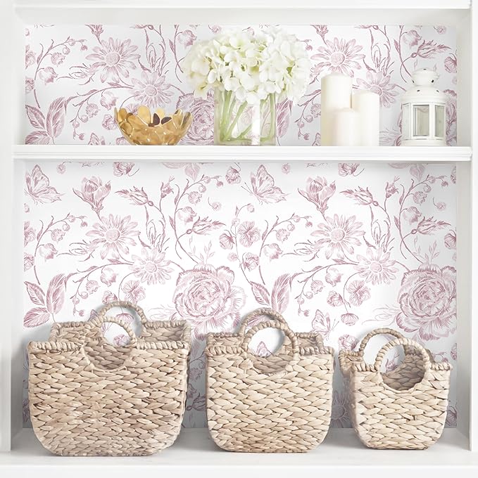 Yasinet Pink Floral Wallpaper Boho Peel and Stick Wallpaper Pink and White