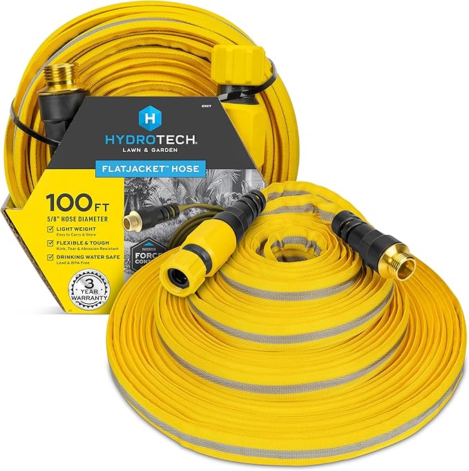 HydroTech FLATJACKET 5/8" 100 ft Garden Hose with Patented Force Control Technology - Flexible, Kink-Free, Lightweight Hose for Lawn, Garden, Car Washing, Deck and Patio Cleaning