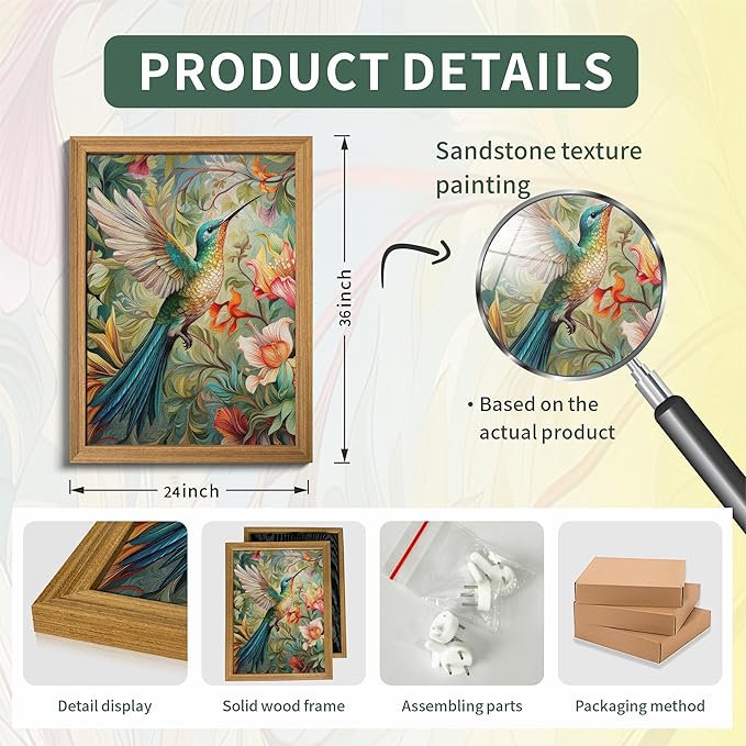 Framed Vintage 3D Textured Wall Art - Colorful Hummingbird Floral Wall Decor - Hand Painted Sandstone Nature Botanical Picture for Living Room Bedroom Home Decor 24x36 inch