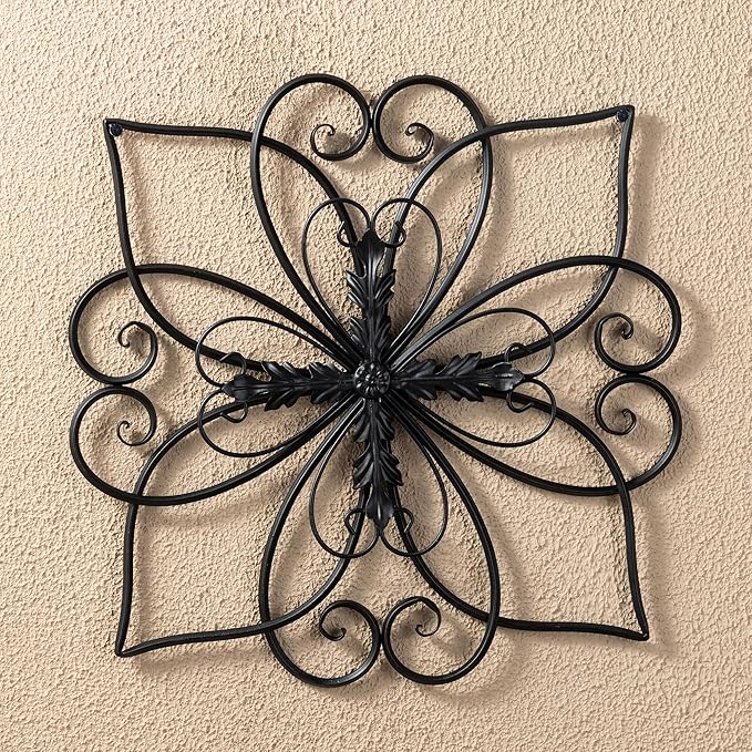 Glitzhome Black Metal Wall Art Decor, 20 Inch Iron Wall Decor with Heart and Petal Scroll Design, Indoor Outdoor Wall Accent for Garden Porch Patio