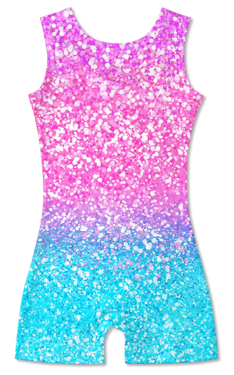 Funnycokid Gymnastics Leotards for Girls Dance Outfits Unitard Sparkly Clothes with Shorts, Diamond Shining Pink Blue, 5-6 Years