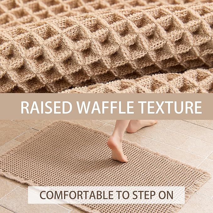 Waffle Runner Rug Non Slip, Boho Bath Mat, Super Absorbent Quick Dry Long Bath Runner Bathroom, Soft Farmhouse Bath Rug with Tassels, Washable Shower Mats for Floor 24"x72", Brown
