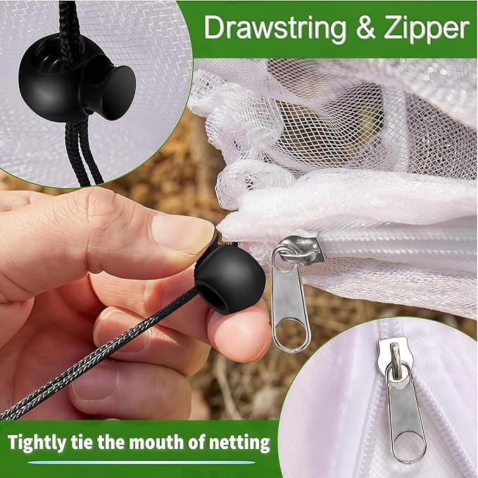 1 Pack 13.2×13.2Ft Extra Large Drawstring & Zipper Fruit Tree Netting Cover - Reusable Bird Netting for Blueberry Bushes, Anti-Cicada/Deer/Squirrel Large Plant Protection Net