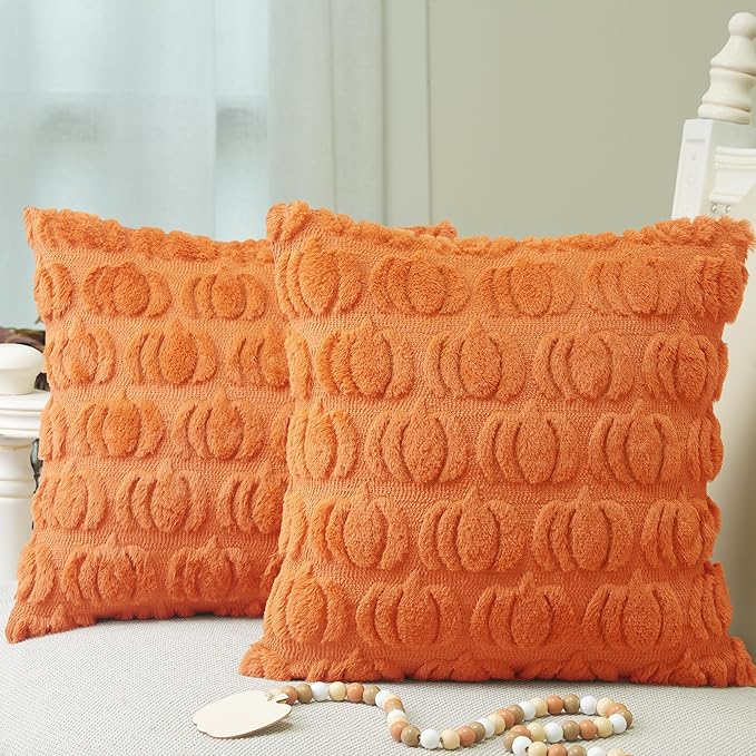 GEEORY Fall Pumpkins Soft Plush Pillow Covers, 20 x 20 Inch Set of 2, Fluffy Faux Fur Wool Decorative Farmhouse Cushion Case for Sofa Home Decoration Orange GC018-20