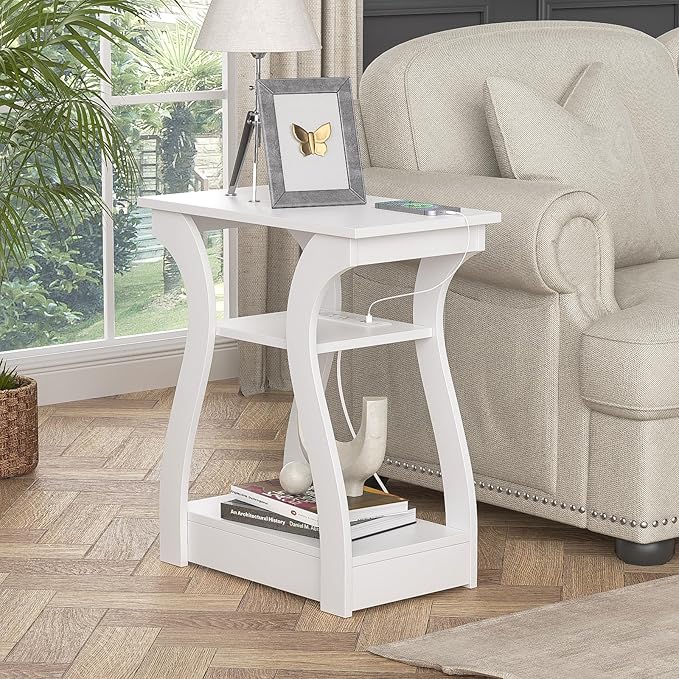 End Tables Living Room Set of 2,End White Table with Charging Station, Side Table, Nightstand for Bedroom, 3 Tier End Table with Storage Shelf for Living Room White