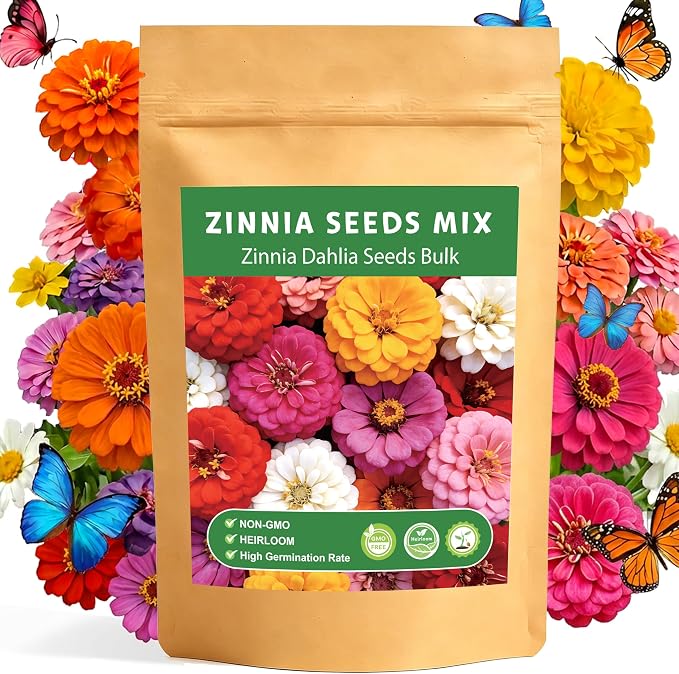 LUOJIBIE Zinnia Seeds for 2026, 15,000+ California Giant Zinnia Seeds Bulk, Double Dahlia Zinnia Mixed Color Seeds, Flower Seeds for Planting Outdoor Garden, Non-GMO Heirloom, Easy to Grow