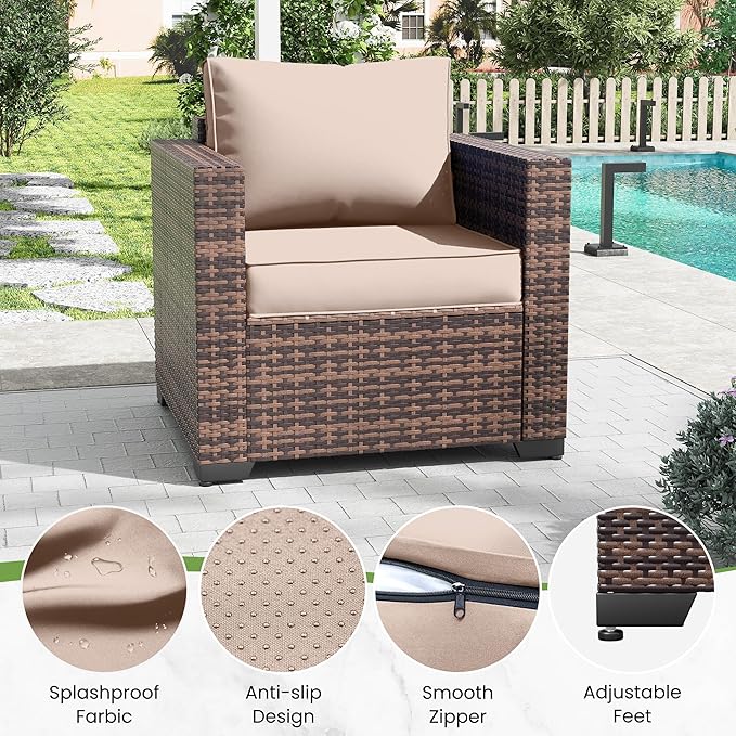 Amopatio Wicker Outdoor Sofa & Patio Couch Set - High Back Waterproof Patio Furniture Single Armrest Chair with Non-Slip Cushions, Outdoor Furniture Cover, Khaki