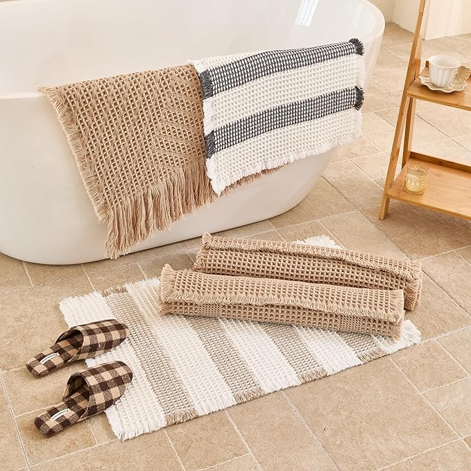 Waffle Runner Rug Non Slip, Boho Bath Mat, Super Absorbent Quick Dry Long Bath Runner Bathroom, Soft Farmhouse Bath Rug with Tassels, Washable Shower Mats for Floor 24"x72", Tassels Brown