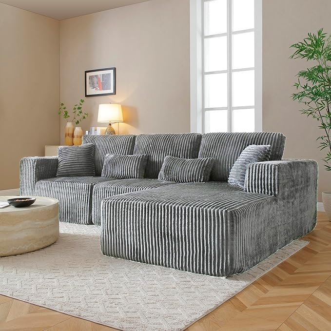 L Shaped Modular Boneless Sectional Couches for Living Room, Wide Armrest, Deep Seat, Memory Foam, Assembly Free, Modern Comfy Corduroy Fluffy Cloud Sofa with Right Chaise, Grey