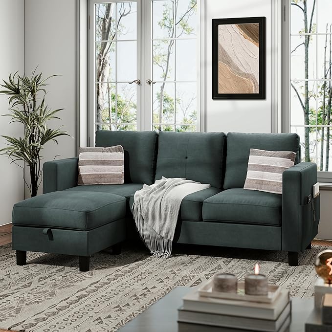 Vongrasig Convertible Sectional Sofa Couch, 3 Seat L Shaped Sofa with Removable Pillows Linen Fabric Small Couch Mid Century for Living Room, Apartment and Office (Black)