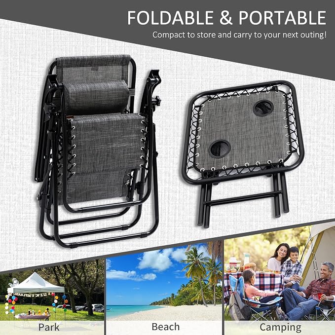Outsunny Zero Gravity Chair Set with Side Table, Folding Reclining Chair with Cupholders & Pillows, Adjustable Lounge Chairs for Pool, Backyard, Lawn, Beach, Gray