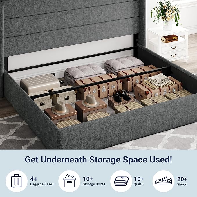 Allewie King Size Lift Up Storage Bed, Modern Wingback Headboard, Hydraulic Support, No Box Spring Needed, Dark Grey
