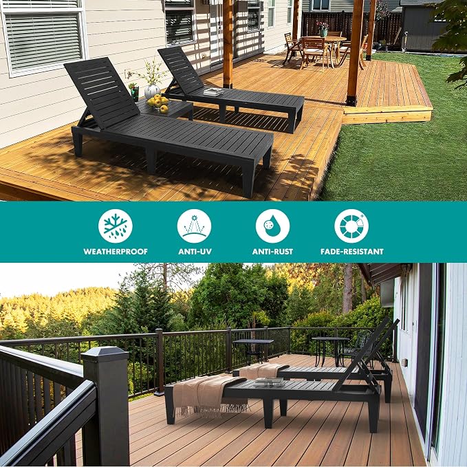 Outdoor Lounge Chairs Set of 2 for Poolside Patio, Weather-Resistant Pool Chaise Lounge with Adjustable Backrest, Resin Tanning Chair Sun Lounger for Outside Deck, Beach, Sunbathing, Black