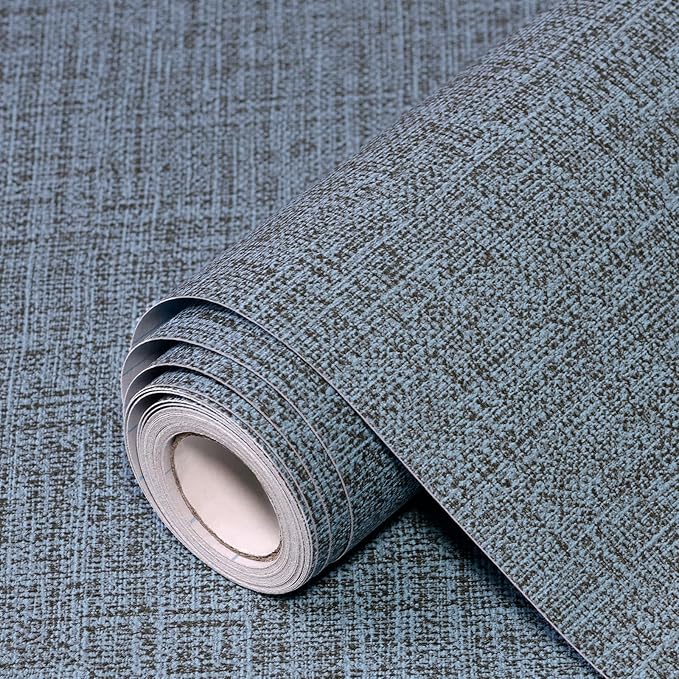 Blue Gray Grasscloth Peel and Stick Wallpaper 17.3"x1200" Faux Linen Textured