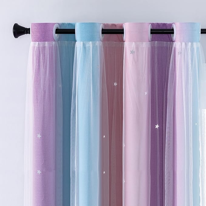 XiDi Curtains for Bedroom Decor, Rainbow Pink Purple/34/90