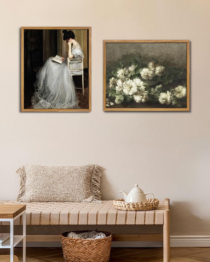 UPWOIGH 16x24 in Large Framed Wall Art, Cream White Roses Bouquet Oil Painting Canvas, Vintage Floral Botanical Still Life Print, Retro Moody Wall Decor for Living Room Bedroom, 1 Pack Gift