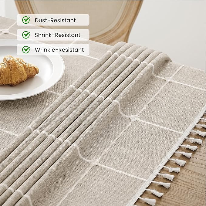 puredown® Plaid Square Tablecloth, Waterproof Cotton Linen Tablecloth with Tassel, Rustic Farmhouse Table Cloths for Kitchen Dining Outdoor, 55"x55",4 Seats, Coffee