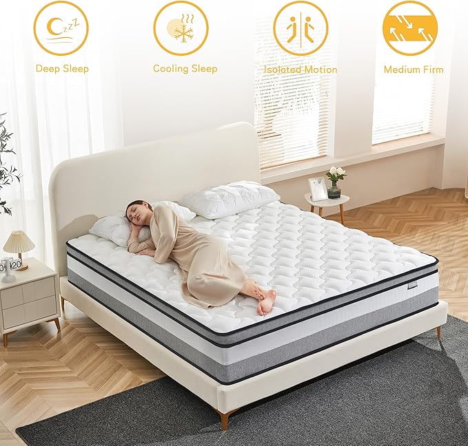 Queen Mattress, 14 Inch Queen Size mattresses | Medium Firm - Cooling Gel Memory Foam & Zoned Pocket Coils for Pressure Relief, Spinal Alignment & Extra Lumbar Support | Motion Isolation |