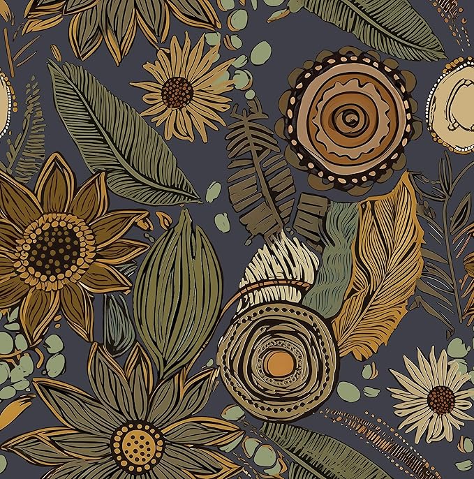 Boho Wallpaper Peel and Stick, Vintage Blue Yellow Floral Contact Paper 17.5" x