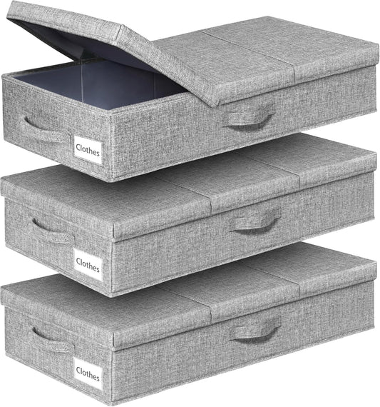 punemi Under Bed Storage Containers, 3 Pcs Large Blanket Clothes Storage Bag, Long Flat Firm Sides Underbed Organization And Storage w/ 3 Handles & Lid For Comforter Toy Closet, 31.1*15.7*6 inch Tall