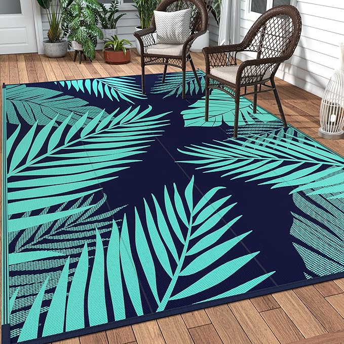 GENIMO Outdoor Rug 5' x 8' Waterproof for Patios Clearance, Reversible Outdoor Plastic Straw Camping Rug Carpet, Large Area Rugs Mats for RV, Camper, Deck, Balcony, Porch, Beach, Navy Blue&Jade Green