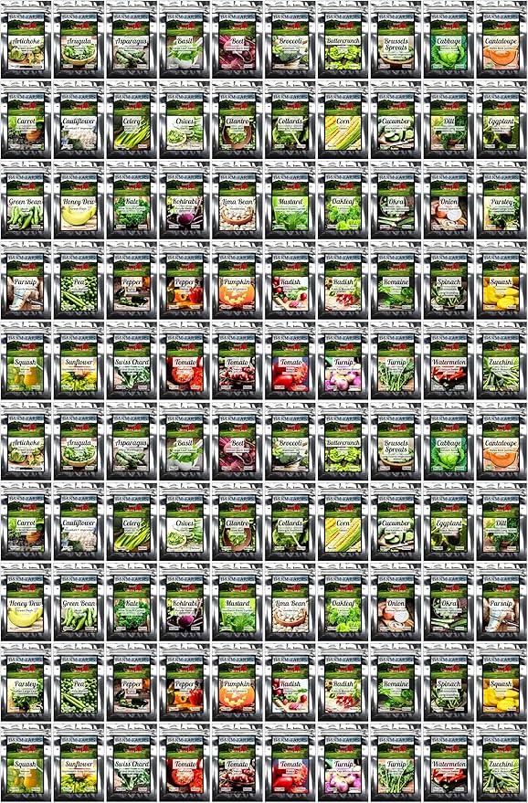 B&KM Farms 100,000+ Heirloom Survival Seed Kit | 50+ Non-GMO Vegetable & Fruit Varieties | 100 Seed Packets | 5-15 Year Food Storage | Weatherproof Bucket for A Sustainable, Self-Sufficient Garden