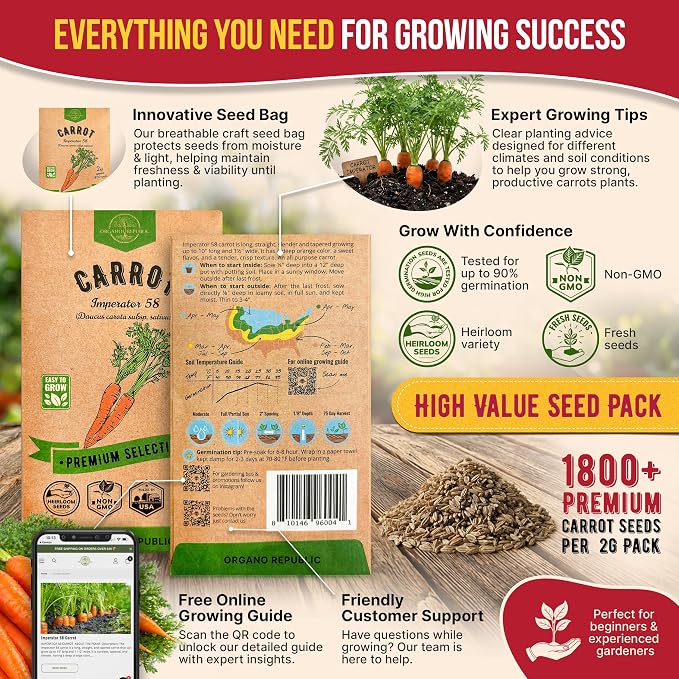 Organo Republic Imperator 58 Carrot Seeds Pack 2G - Over 1800 of Non-GMO Heirloom Carrot Seeds for Planting Vegetables in Individual Seed Packet, Vegetable Seeds for Planting Indoor & Outdoor Garden