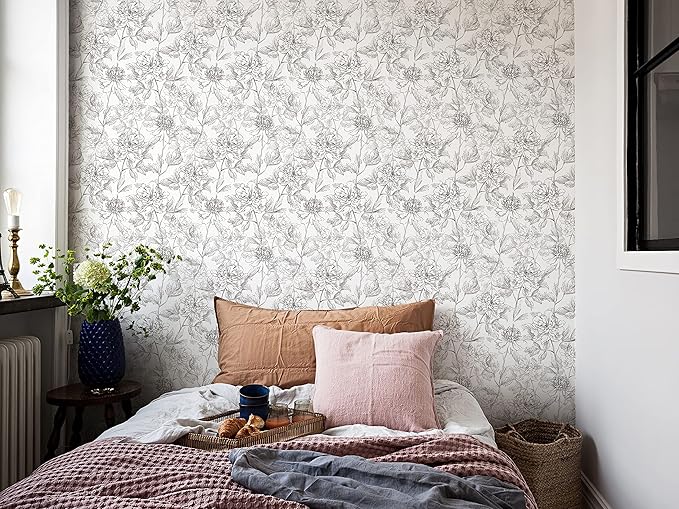 JiffDiff Black and White Floral Wallpaper 17.3" x 394" Peonies Removable Peel