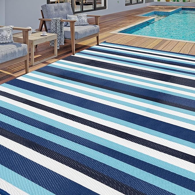 HUGEAR Outdoor Plastic Straw Rug, Waterproof Mat, Washable Large Floor Mat and Rug for Outdoors, RV, Beach, Patio, Camping, Backyard, Deck, Picnic, Indoor Outside (5x8ft,Stripe/Blue&White)
