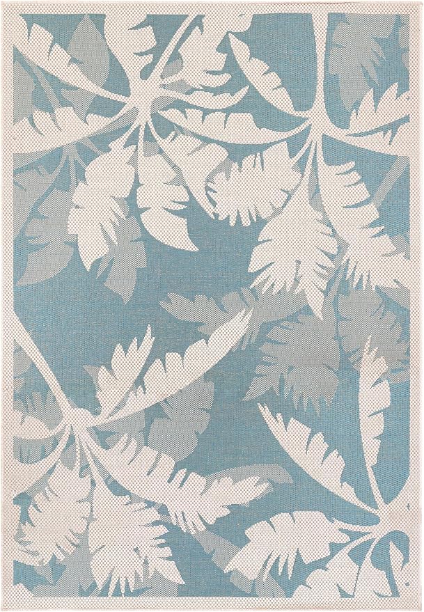 Couristan Monaco Indoor Outdoor Area Rug – Coastal Flora 7'6" x 10'9" in Ivory Turquoise – Flatwoven, Hose Washable, Pet Friendly Rug for Patio, Porch and Home Decor