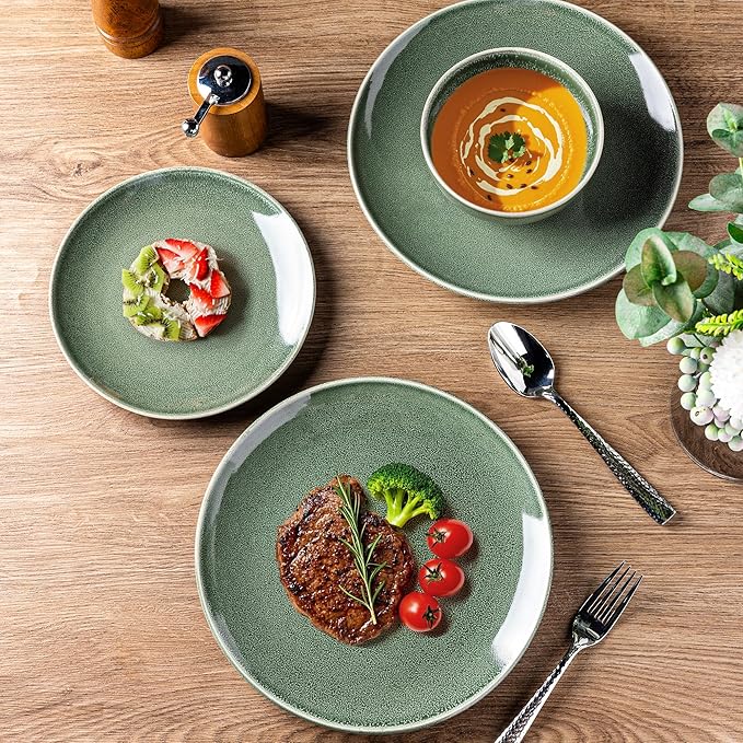 AmorArc Ceramic Dinnerware Sets for 4, 12 Pieces Handpainted Plates and Bowls Set, Scratch Resistant Stoneware Dishes Set, Dishwasher & Microwave Safe, Jade Green
