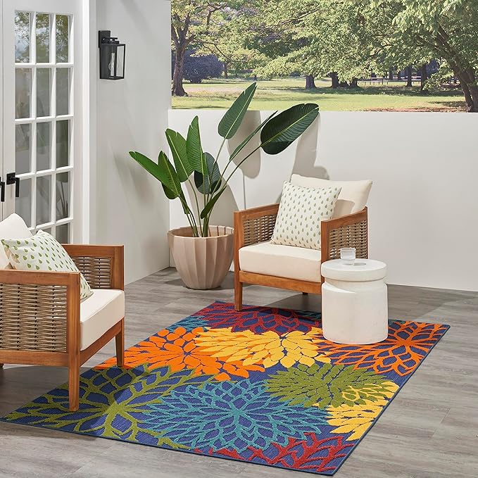 Nourison Aloha Indoor-Outdoor Navy Multicolor 3'6" x 5'6" Area Rug, Easy Cleaning, Non Shedding, Bed Room, Living Room, Dining Room, Backyard, Deck, Patio (4x6)