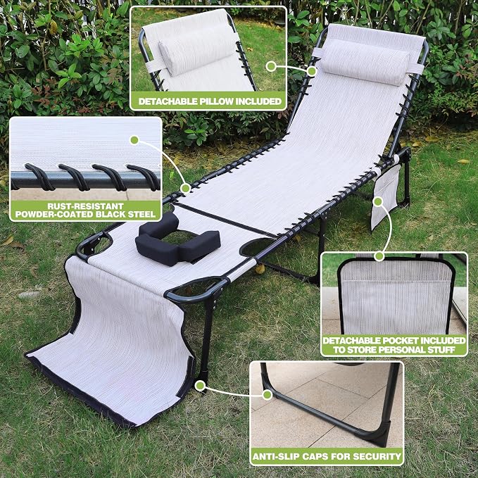 MUPATER Patio Chaise Lounge Chair for Outdoor with Face Hole, 4-Fold Ajustbale Backrest, Removable Pillow and Detachable Pocket, Portable Sun Lounger Recliner for Beach, Camping and Pool, Beige