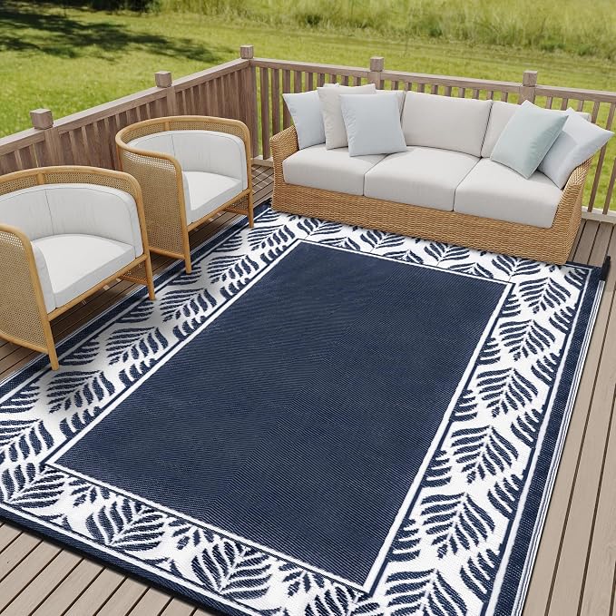 HUGEAR Outdoor Plastic Straw Rug, Waterproof Mat, Washable Large Floor Mat and Rug for Outdoors, RV, Beach, Patio, Camping, Backyard, Deck, Picnic,Indoor Outside (8x10ft,Olive-Leaf/Dark Blue&White)