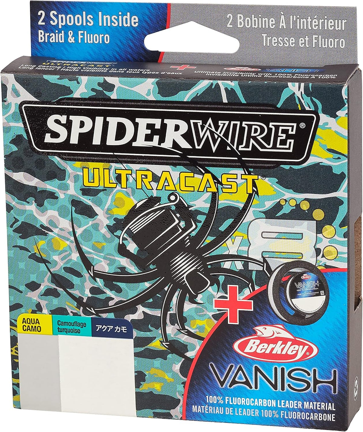 SpiderWire Ultracast Braid Vanish Fluorocarbon Dual Spool, 15lb Aqua Camo Braid with 30lb Clear Fluoro Leader, 164yd | 150m