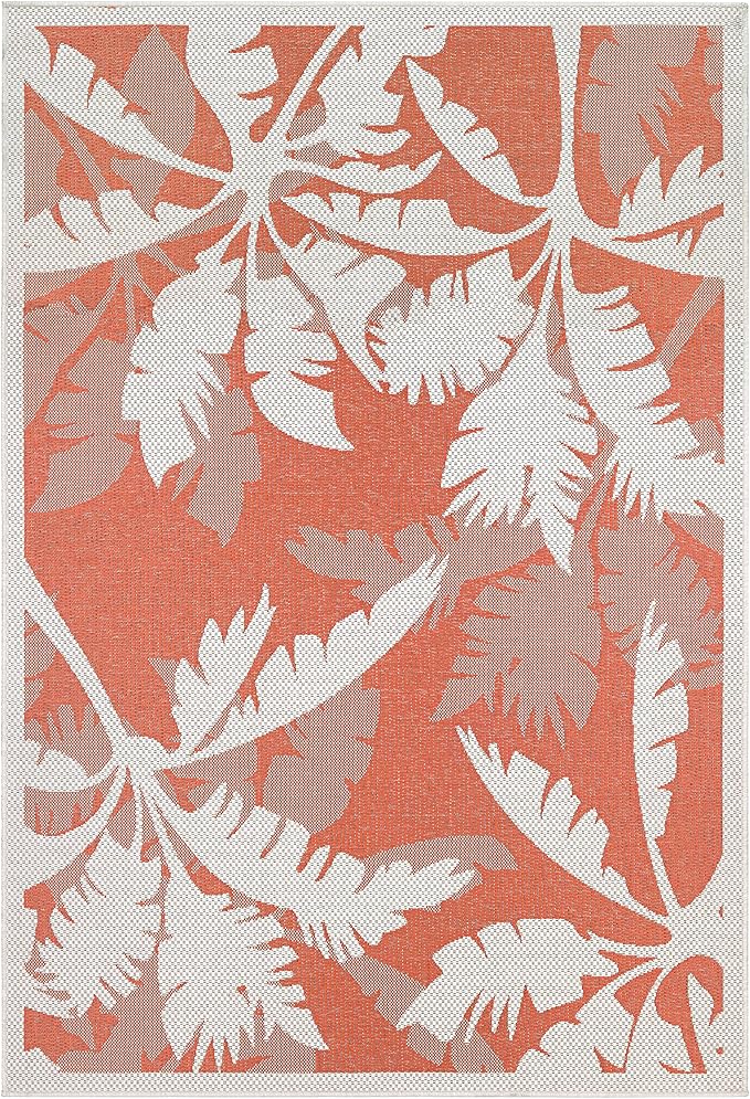Couristan Monaco Indoor Outdoor Area Rug – Coastal Flora 5'10" x 9'2" in Ivory Orange – Flatwoven, Hose Washable, Pet Friendly Rug for Patio, Porch and Home Decor