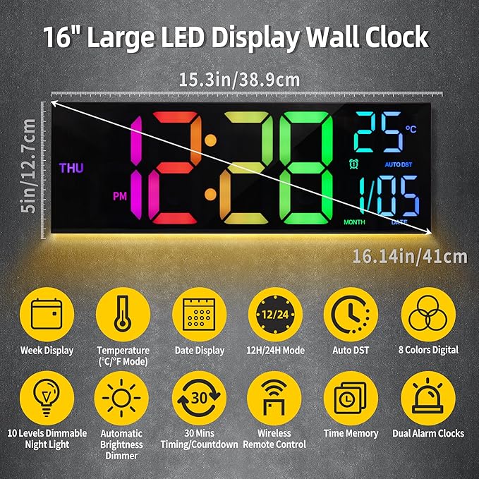 HAITANG 8 Colors Digital Wall Clock, 16.2" Large Digital Clock