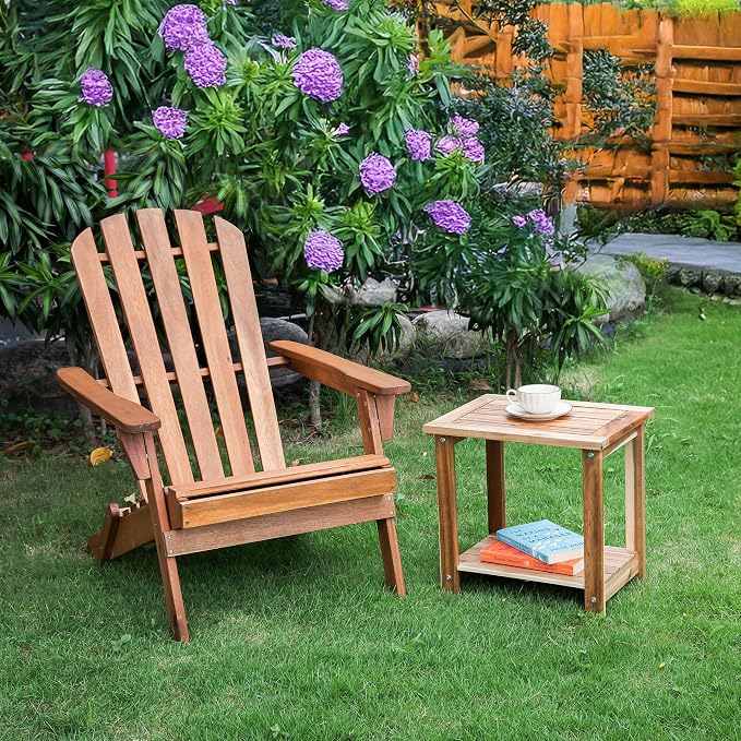 VICTORY RELAX Solid Acacia Wood Side Table with 2-Tier Storage, Weather-Resistant Outdoor Indoor End Table, Light Natural Rustic Color Night Stand