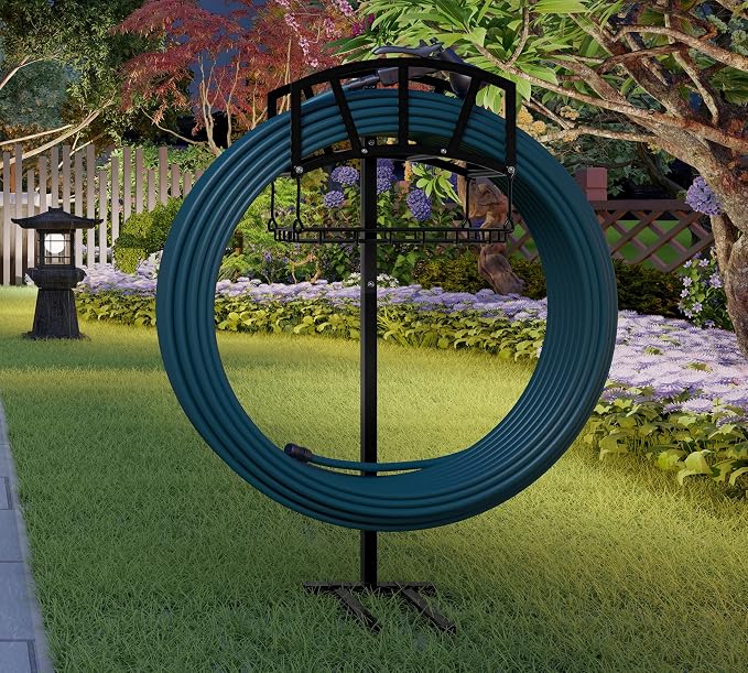 Fire Beauty Garden Hose Holder,Freestanding Water Hose Holder with Storage Basket,In ground Hose Rack Organizer for Outdoor,Detachable Hose Holder Stake,Hose Reel Stand Rack for Outside Lawn Yard