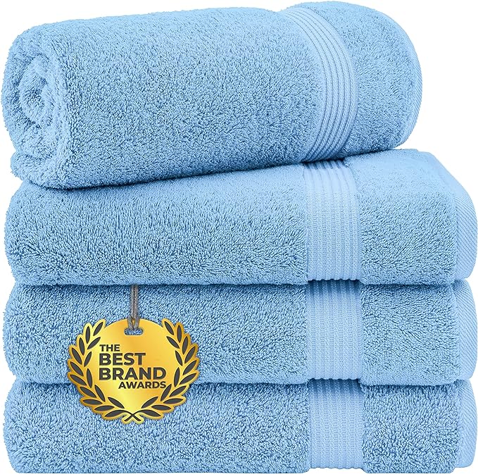 Cotton Paradise 4 Piece Turkish Bath Towels for Bathroom, 100% Cotton Extra Large Soft Plush Towels Bathroom Set, Sky Blue