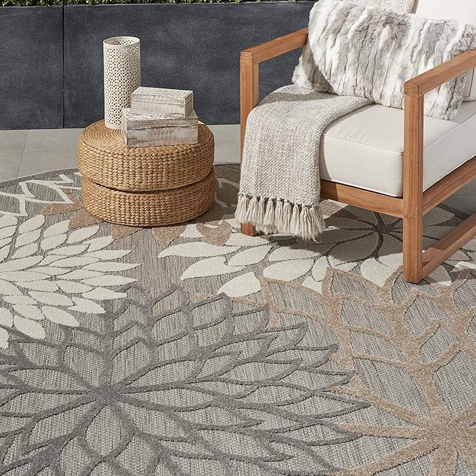 Nourison Aloha Indoor/Outdoor Area Rug 7’10”, Natural, Round Tropical Botanical Easy -Cleaning Non Shedding Bed Room Living Room Dining Room Deck Backyard Patio