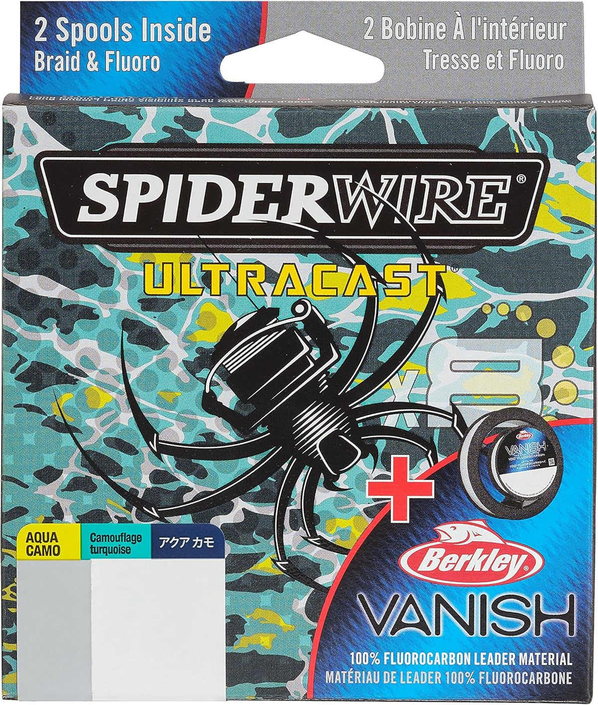 SpiderWire Ultracast Braid Vanish Fluorocarbon Dual Spool, 15lb Aqua Camo Braid with 30lb Clear Fluoro Leader, 164yd | 150m