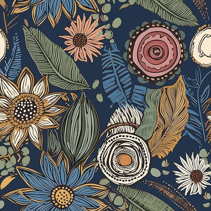 Blue Wallpaper Peel and Stick, Vintage Boho Floral Contact Paper 17.5" x 118"